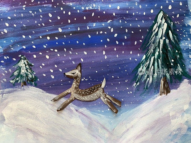 冬季绘画场景和各种背景上的原始鹿
