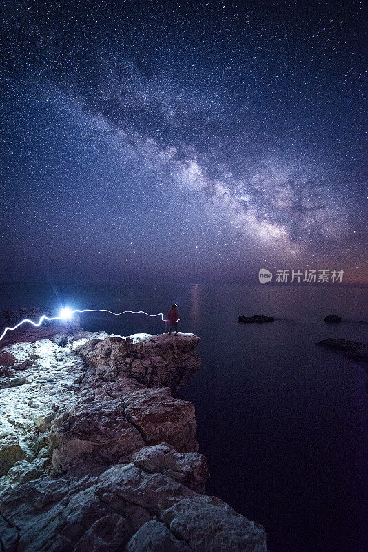 看星星是沉思。宽阔的镜头，一个美丽的风景与高岩石在晚上和雄伟的星空与银河在地平线上。灵感和灵性。心理健康。