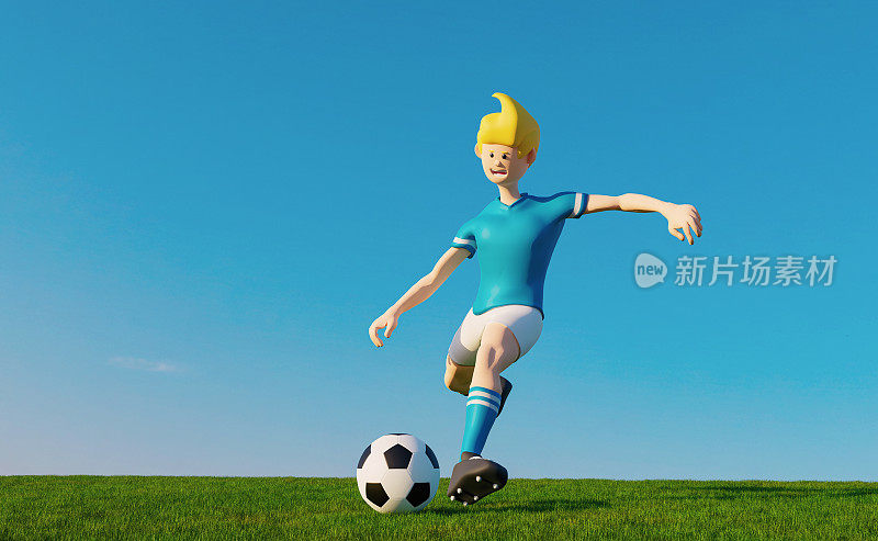 卡通足球运动员准备在草地上踢球