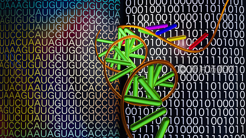 DNA螺旋在一个有核苷酸代码和二进制代码的页面上被解开。