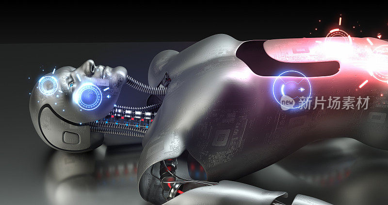 未来仿生机器人生产。人工智能人形Cyborg。