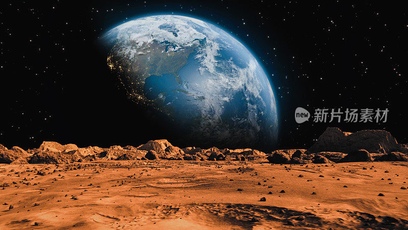 从火星表面看地球。火星表面布满了小岩石和红色的沙子。火星景观在锈橙色阴影，火星行星表面，沙漠，悬崖，沙子。红色的火星。概念空间抽象背景。