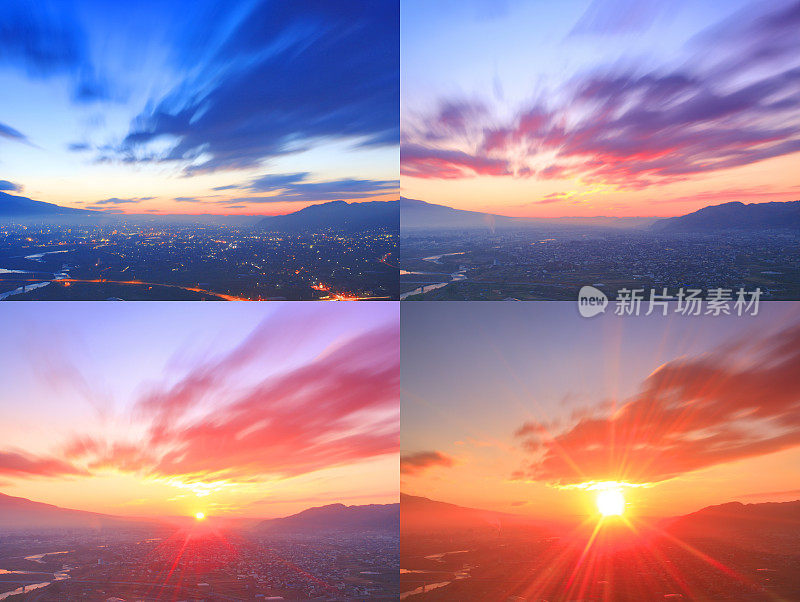 日本长野县上田市的黎明和日出(数字合成)