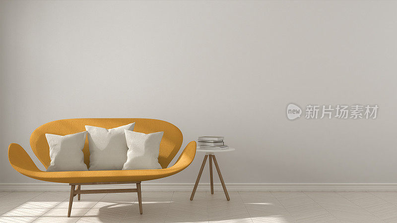 斯堪的纳维亚极简主义背景，橙色沙发人字形天然拼花地板，室内设计