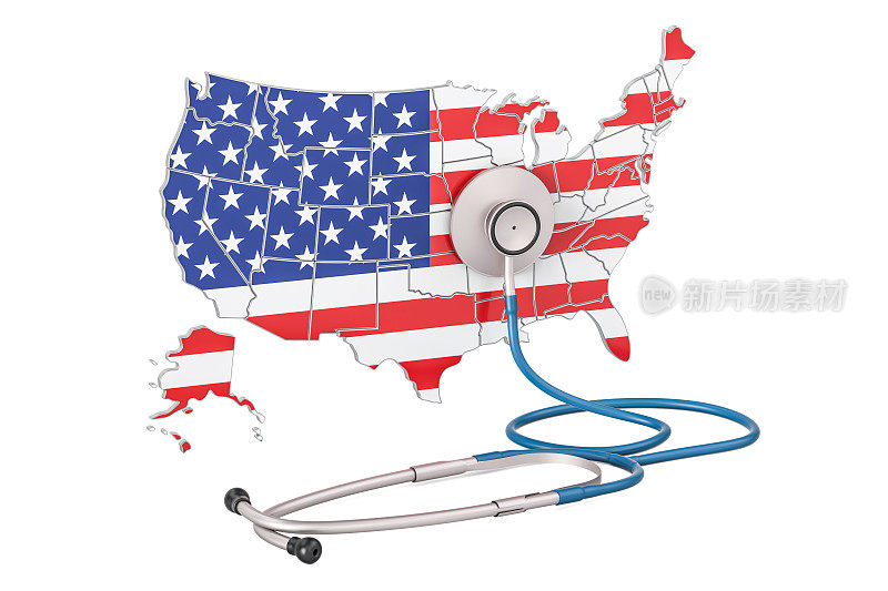 美国地图与听诊器，国家保健概念，3D渲染