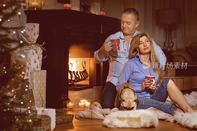丈夫和妻子在圣诞场景与节日装饰在室内设置