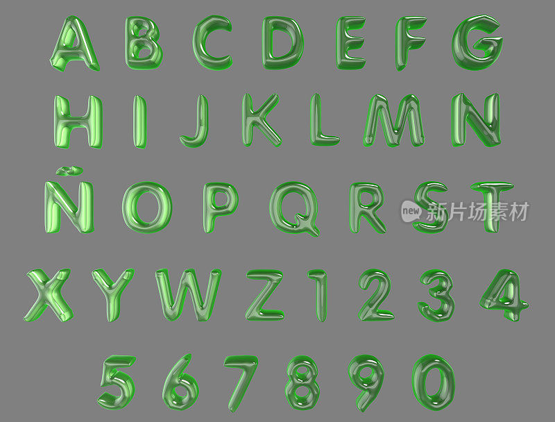 字母和数字从绿色气球孤立(剪辑路径包括)在灰色背景