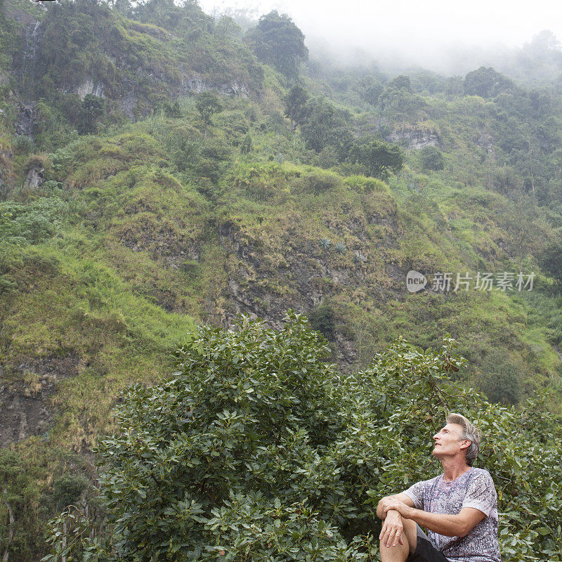 人类欣赏火山两侧的雨林