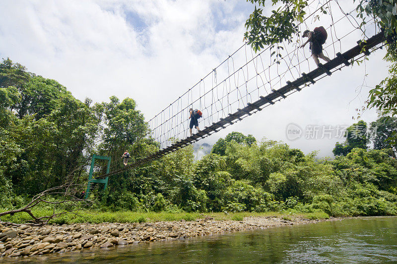 两名游客背着背包穿过一座吊桥。