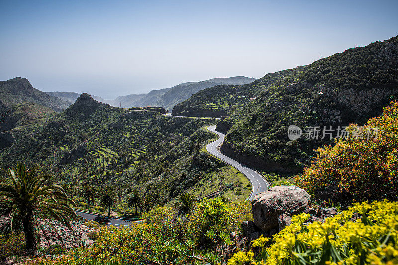 汽车路在美丽的加那利岛山谷