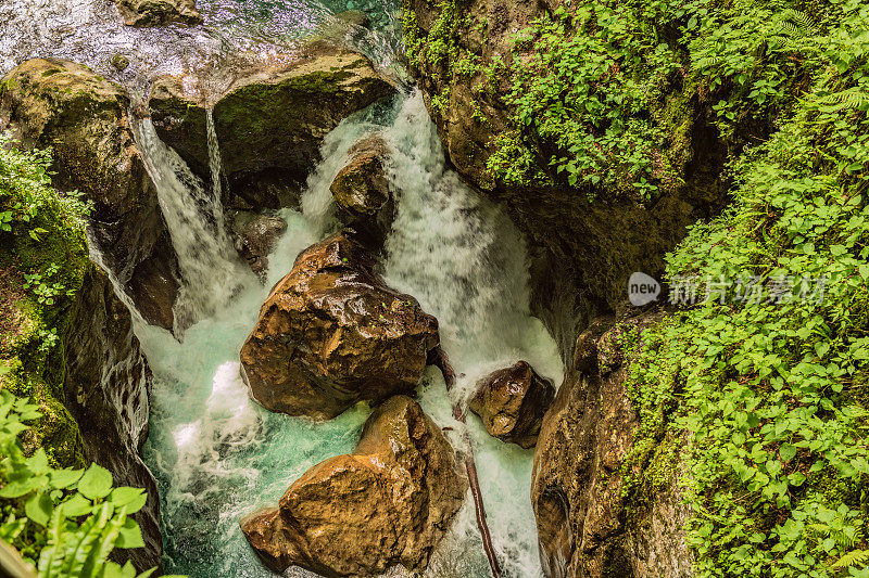 晶莹剔透的翡翠山河流之间的岩石峡谷托尔明峡谷在特里格拉夫国家公园，Primorska，斯洛文尼亚，朱利安阿尔卑斯，欧洲