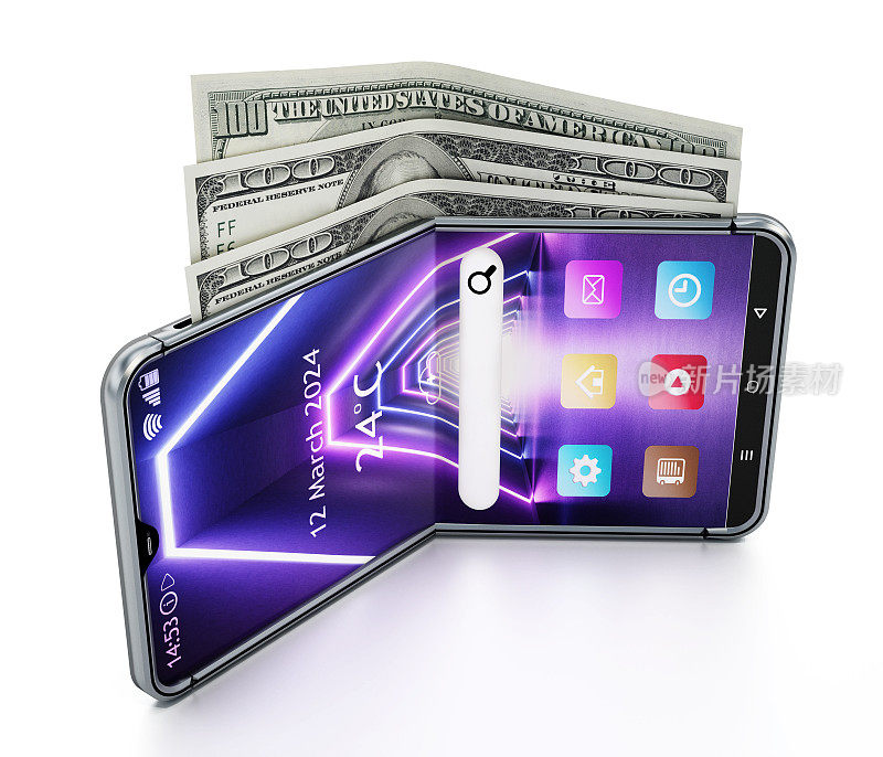 像钱包一样折叠起来的智能手机里的100美元钞票