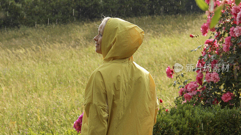 女人拥抱着细雨，在郁郁葱葱的草地上