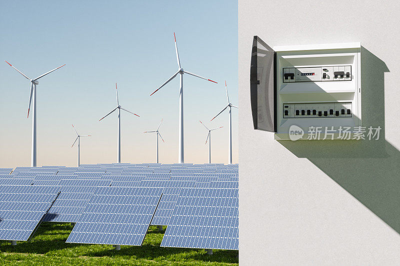 建筑立面上的保险丝盒特写，背景是风力涡轮机和太阳能电池板