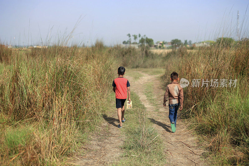 夏天，小学生走在乡间小路上。