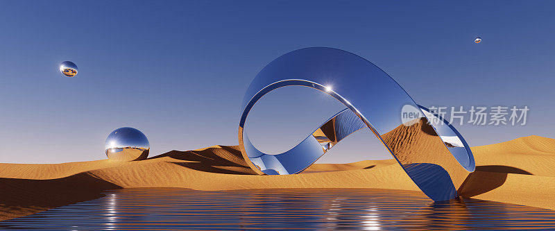3d渲染，抽象的未来主义全景背景。沙漠景观，沙丘，平静的水和镜子形状在清澈的蓝天下。极简主义的美学壁纸