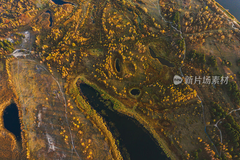 秋季草地鸟瞰图。无人机摄影。十月。节约用水。可持续性。保护自然。湖