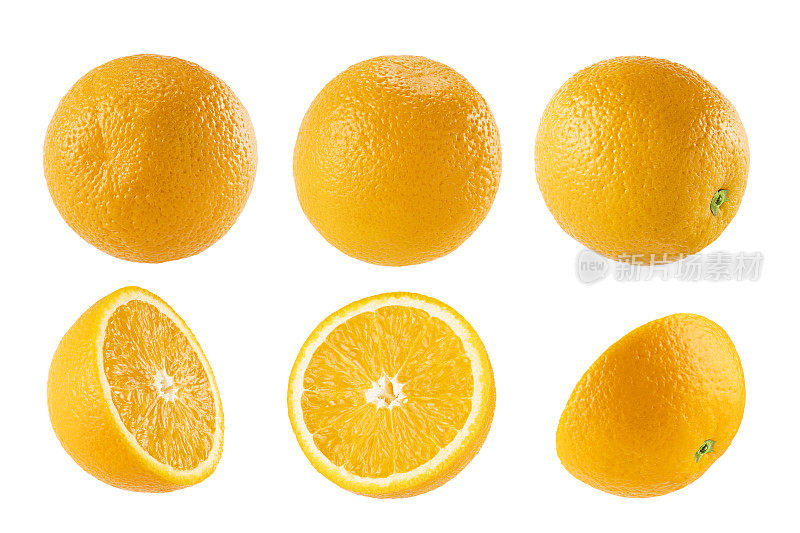 新鲜的橙子凝固了。整个，半切水果特写，不同侧面隔离在白色背景上，工作室。夏季新鲜柑橘类水果作为广告、卡片、海报的设计元素。