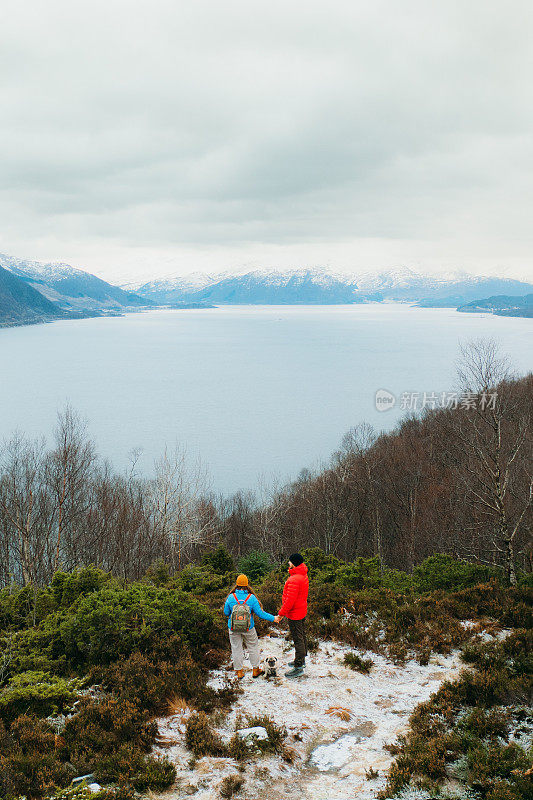 鸟瞰图:女人和男人带着狗呆在山顶上欣赏挪威冬季峡湾的风景