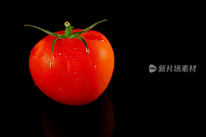 新鲜的单个番茄孤立在黑色背景上的特写视图，单一对象的概念，复制空间，没有人