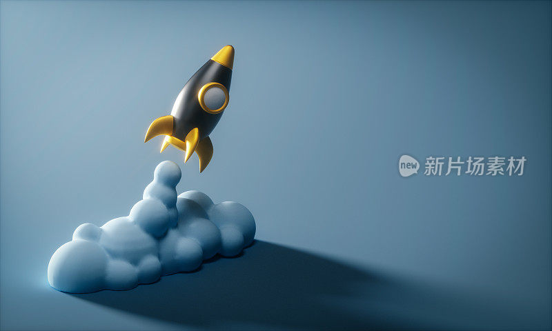 3D火箭发射深蓝色背景，创业理念。3d渲染图