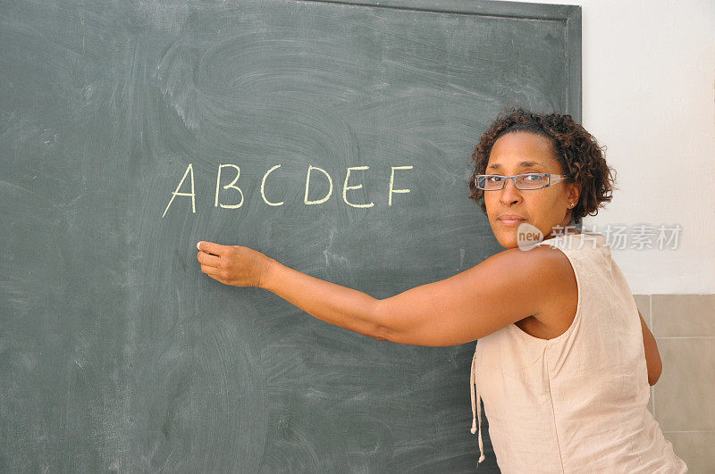 老师站在教室黑板前写字母