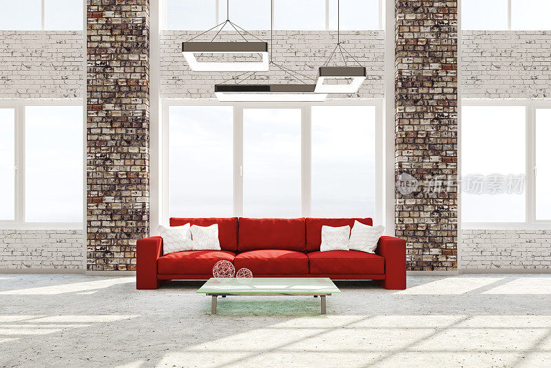 客厅内部红色沙发3d效果图
