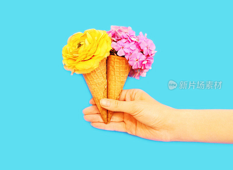 蓝色背景上，手拿两个带花的冰淇淋蛋卷