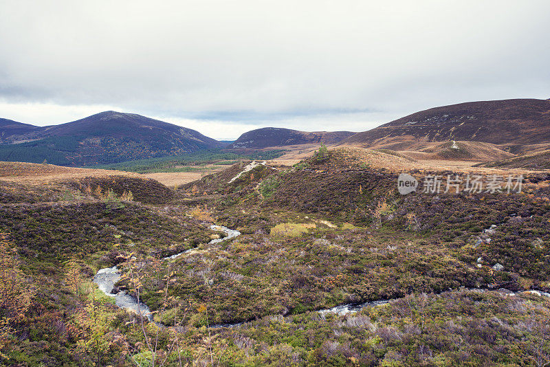 苏格兰国家公园凯恩戈姆山脉的蜿蜒溪流