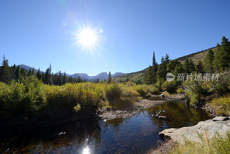 阳光照耀在落基山国家公园的小溪上