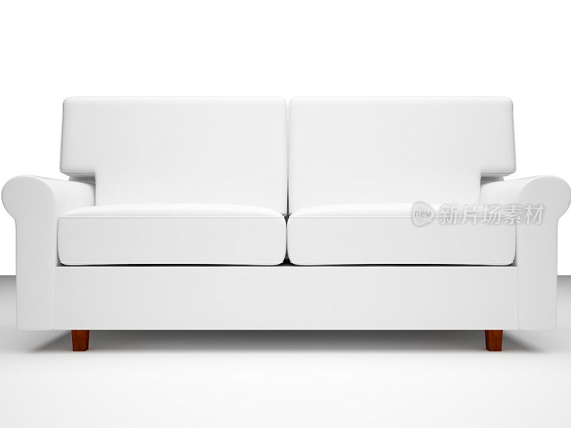 白色地板上有木制腿的两个坐垫的白色沙发