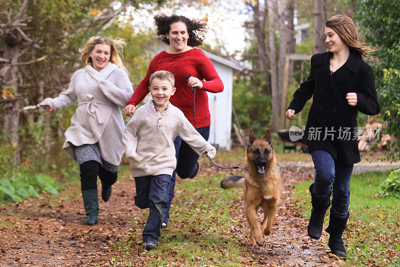 怀孕的妈妈，朋友，小男孩，狗狗在秋天里玩耍跑步