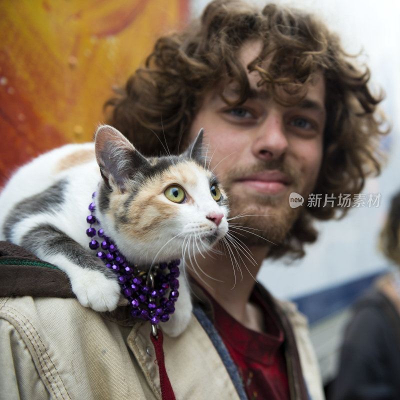 狂欢节上的男人和好奇的宠物猫