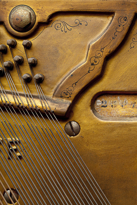 一个古老的立式钢琴的特写细节。