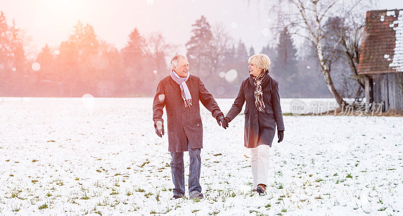 一对老年夫妇在冬天散步