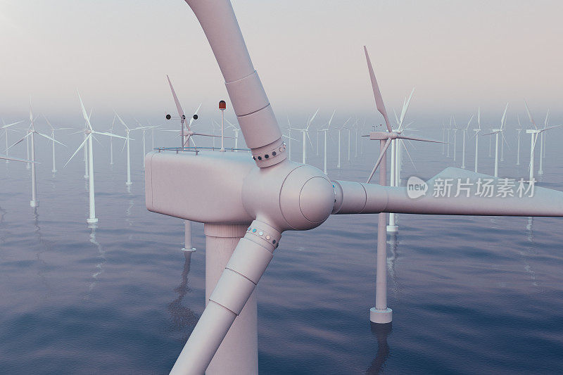风力发电厂的涡轮机捕捉到日落的天空。与蓝色的大海形成美丽的对比。生态的概念。三维渲染