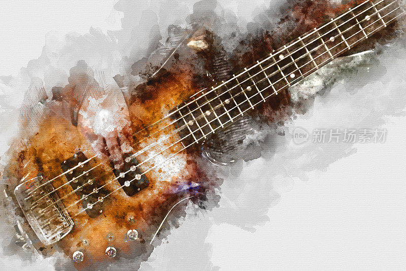 抽象美丽的吉他演奏前景上彩色的水彩画背景和数字插图画笔艺术。