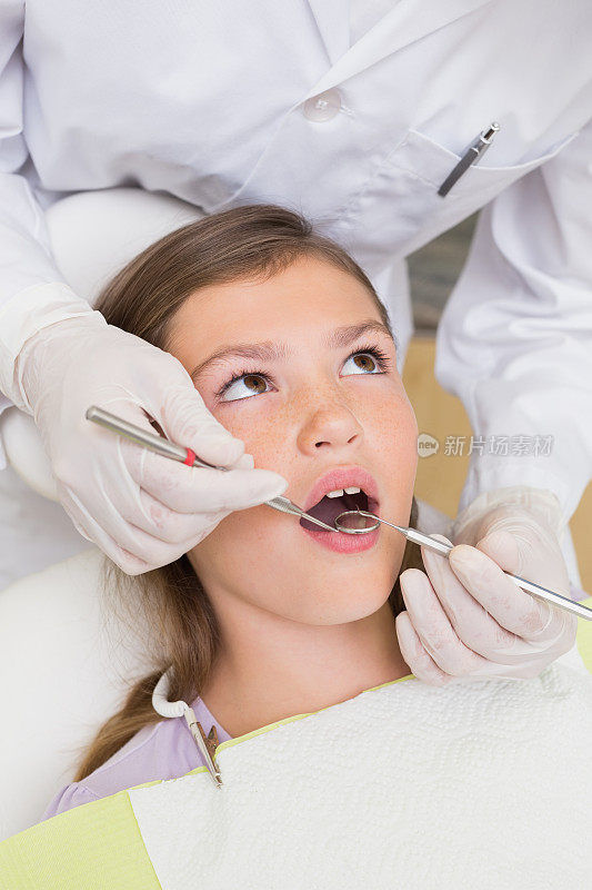 儿科牙医在牙医的椅子上检查病人的牙齿