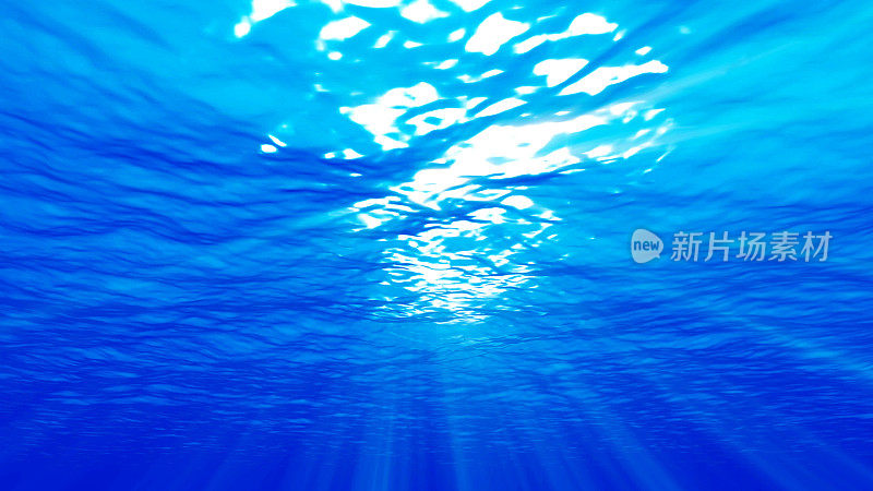 从水下看到的深蓝色海洋表面。水下的抽象波浪和阳光照射进来的光线。三维演示