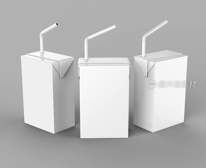 空白白色利乐包纸盒果汁和牛奶包装与稻草白色逼真渲染模拟模板设计。三维演示