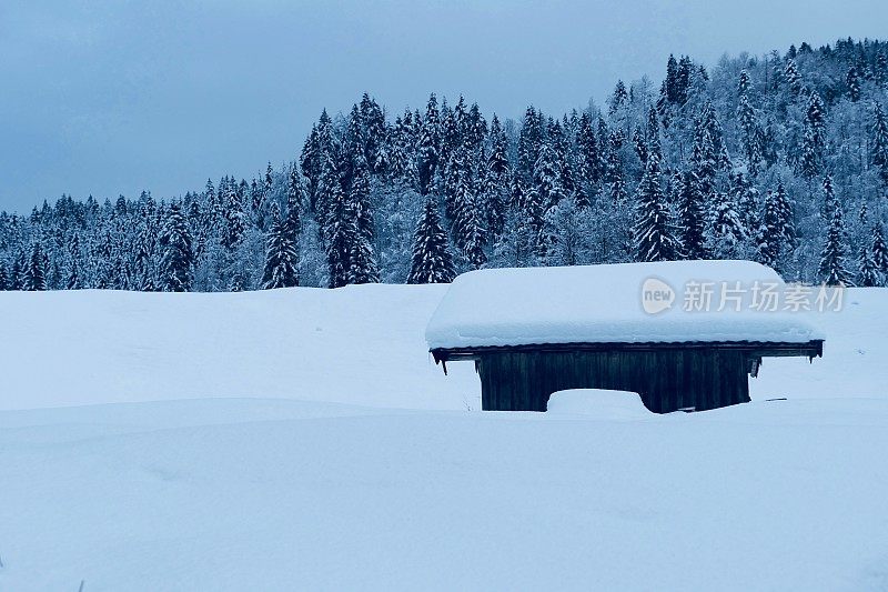 在欧洲阿尔卑斯山脉，冰雪覆盖的冬季景观和森林