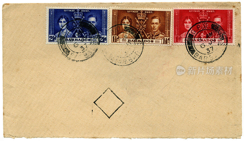 信封上贴着1937年从巴巴多斯到英国的加冕邮票