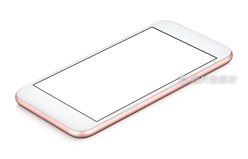 玫瑰金手机模型CW旋转躺在表面与空白屏幕隔离的白色