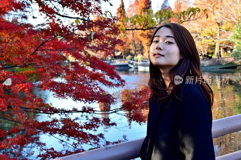 日本年轻女子与各种不同的面部表情在猪城公园，东京