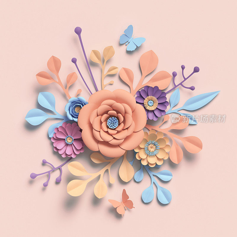 3d渲染，纸花，彩色调色板，植物背景，孤立剪辑艺术，圆形花束，插花