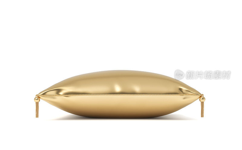 一个孤立的金色枕头的3d渲染，在它的角落上挂着流苏