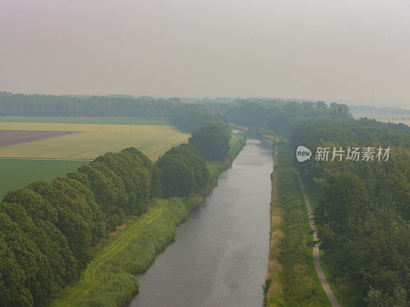 鸟瞰图在农业景观的水道在弗莱弗兰，荷兰