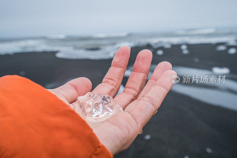 在冰岛Jokulsarlon的黑色沙滩上，手持冰的人对景观的特写