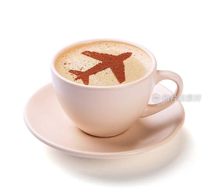 一杯泡着飞机的咖啡。早晨喝咖啡