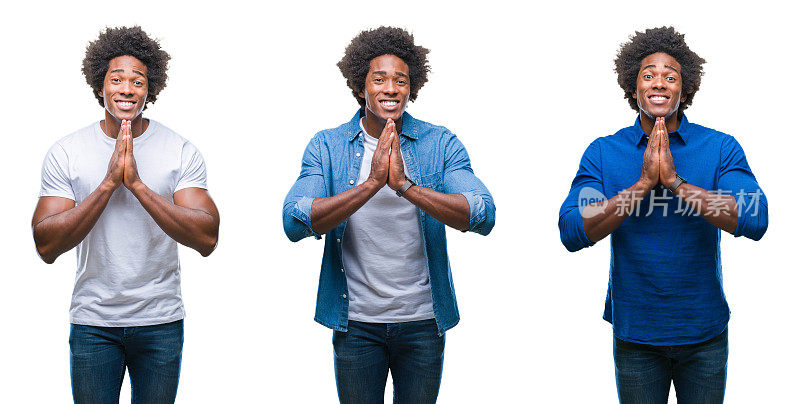 拼贴的非洲裔美国青年赤膊男子和商人在孤立的背景祈祷与手一起请求宽恕微笑自信。